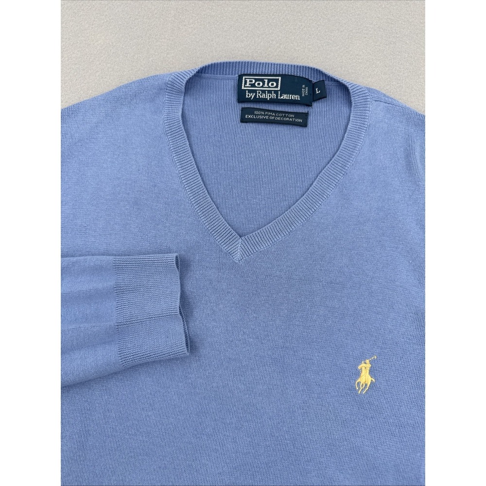 Polo Ralph‎ Lauren Pima Cotton Long Sleeve V-Neck Sweater Men's L Blue Preppy